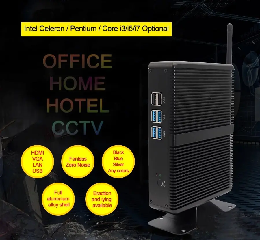 Intel Celeron / Pentium / Core i3/i5/i7 Optional Fanless Zero Noise HDMI VGA LAN USB aluminium alloy shell Fraction and lying available Black Blue Silver Any colors OFFICE HOME HOTEL GCTV