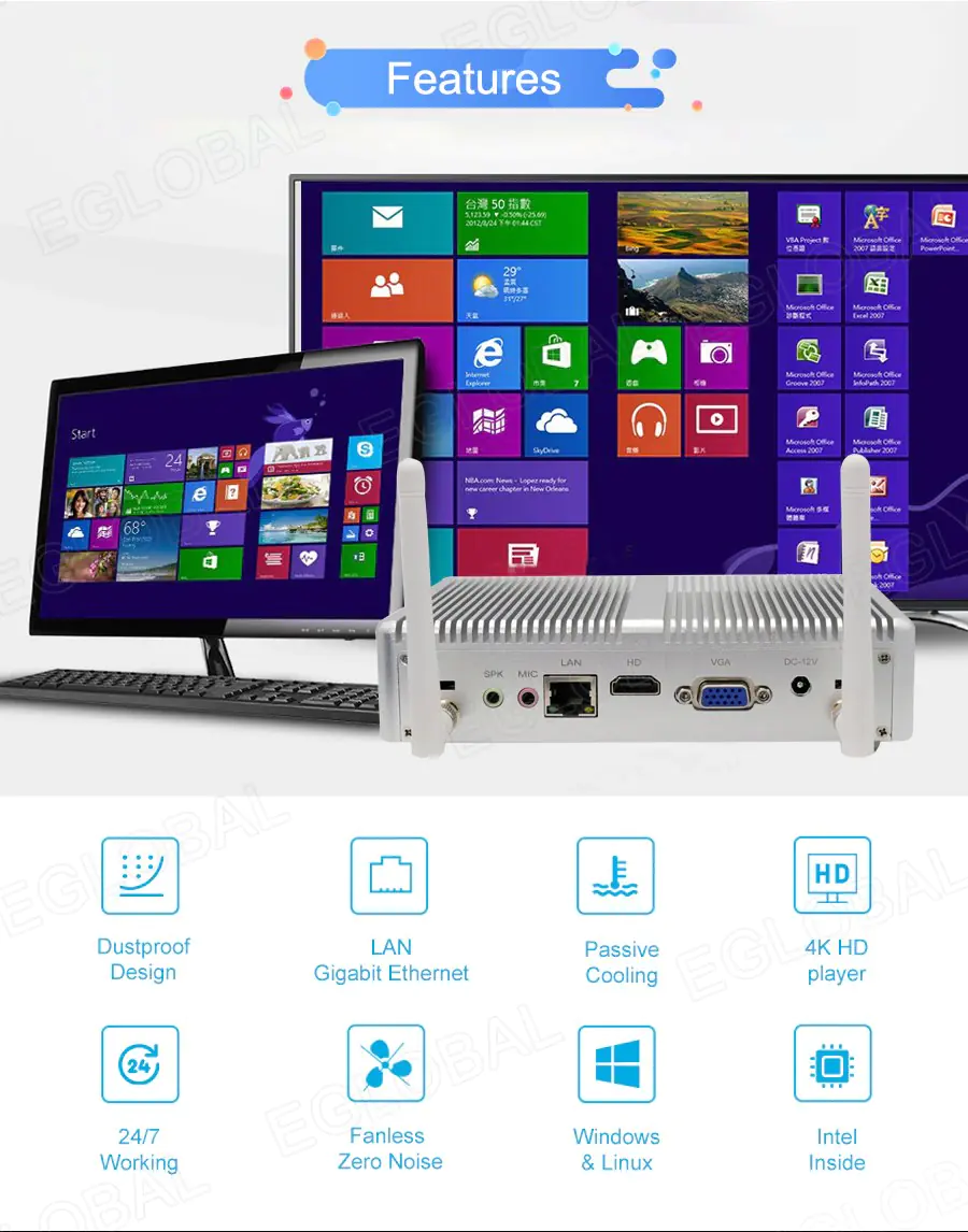 Features HD Dustproof Design LAN Gigabit Ethernet Passive Cooling 4K HD player 24/7 Working Fanless Zero Noise Windows & Linux Intel Inside