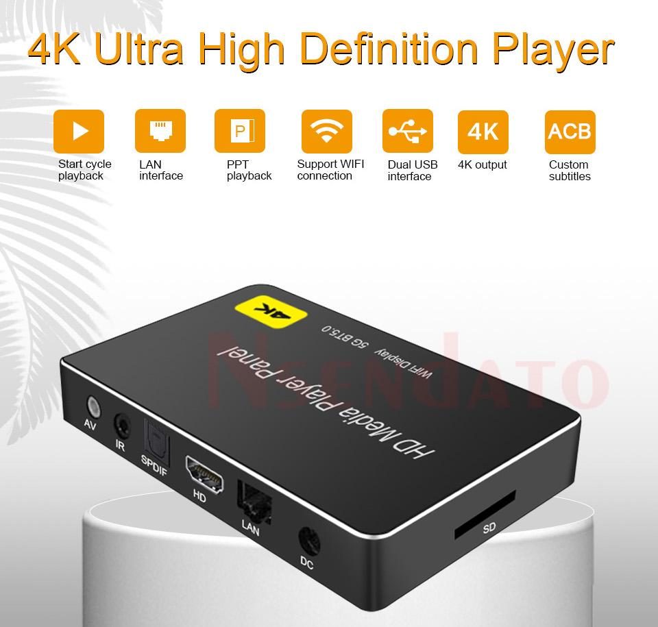 4K Ultra High Definition Player Start cycle playback LAN interface PPT playback Support WIFI connection Dual USB interface 4K output Custom subtitles