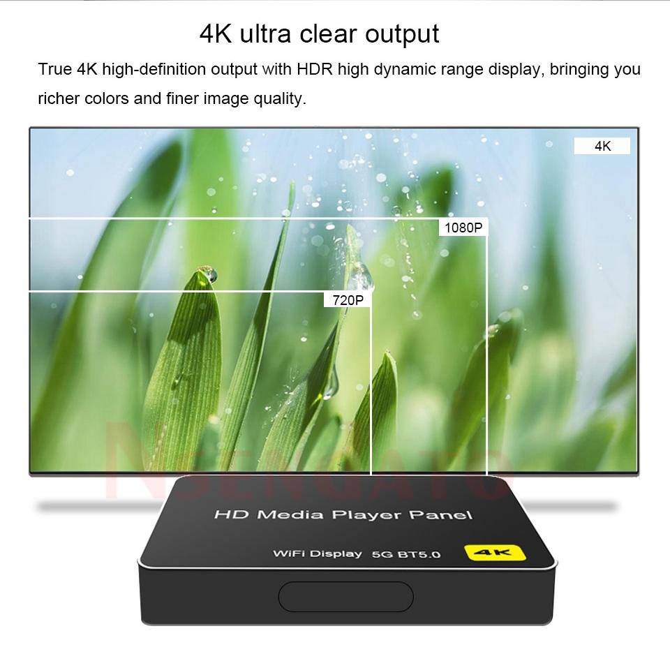 4K ultra clear output True 4K high-definition output with HDR high dynamic range display, bringing you richer colors and finer image quality. HD Media Player Panel WIFI Display 5G BT5.D