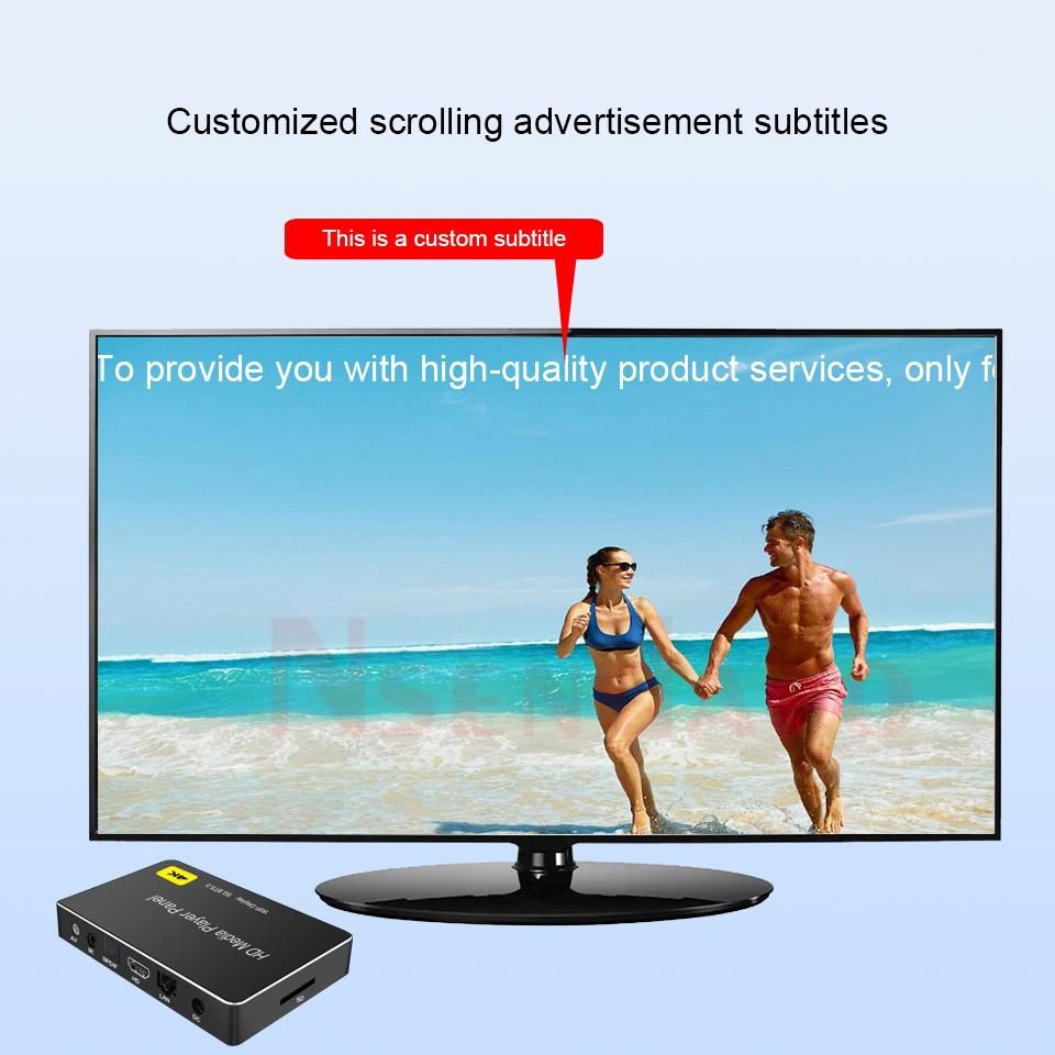 Compact splicing screen, new and old TV, car 4K H.265 Media Player with HDMI, AV, SPDIF, LAN, USB, and BT5.0 for automatic playback and digital signage. | Customized scrolling advertisement subtitles