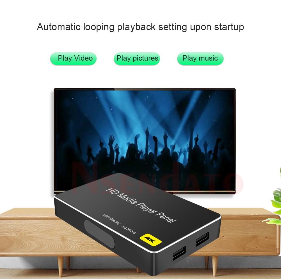 Compact splicing screen, new and old TV, car 4K H.265 Media Player with HDMI, AV, SPDIF, LAN, USB, and BT5.0 for automatic playback and digital signage. | Automatic looping playback setting upon startup Play Video Play pictures Play music