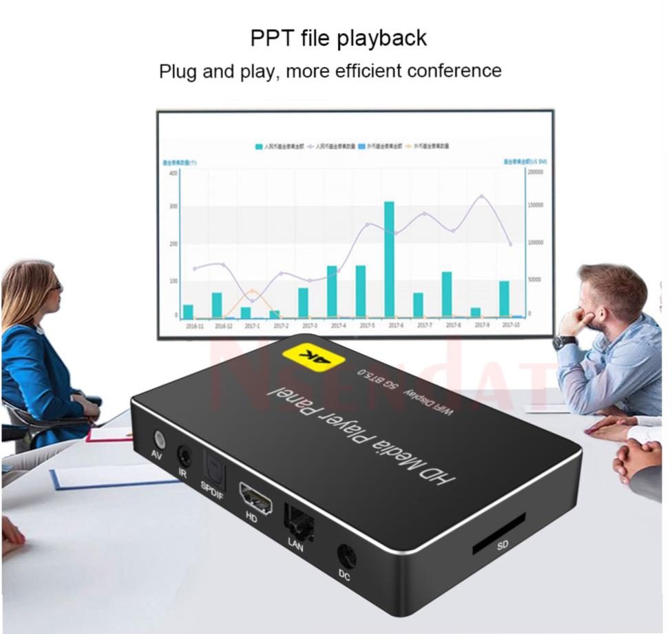 Compact splicing screen, new and old TV, car 4K H.265 Media Player with HDMI, AV, SPDIF, LAN, USB, and BT5.0 for automatic playback and digital signage. | PPT file playback Plug and play, more efficient conference