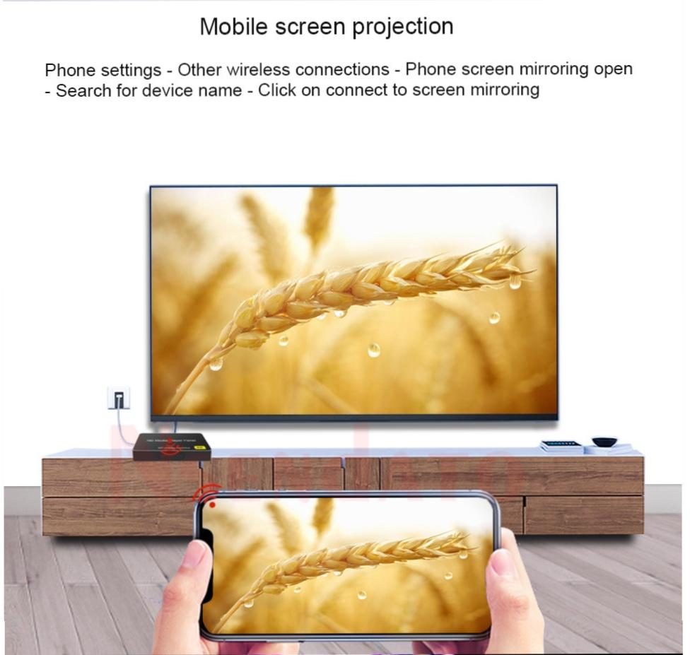 Compact splicing screen, new and old TV, car 4K H.265 Media Player with HDMI, AV, SPDIF, LAN, USB, and BT5.0 for automatic playback and digital signage. | Mobile screen projection Phone settings - Other wireless connections - Phone screen mirroring open - Search for device name - Click on connect to screen mirroring