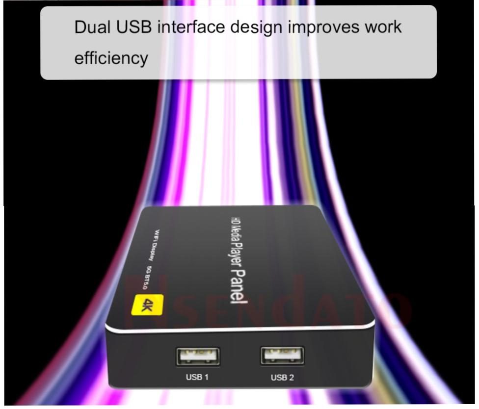 Compact splicing screen, new and old TV, car 4K H.265 Media Player with HDMI, AV, SPDIF, LAN, USB, and BT5.0 for automatic playback and digital signage. | Dual USB interface design improves work efficiency