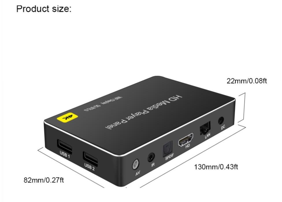 Compact splicing screen, new and old TV, car 4K H.265 Media Player with HDMI, AV, SPDIF, LAN, USB, and BT5.0 for automatic playback and digital signage. | Product size: 22mm/0.08ft 130mm/0.43ft 82mm/0.27ft