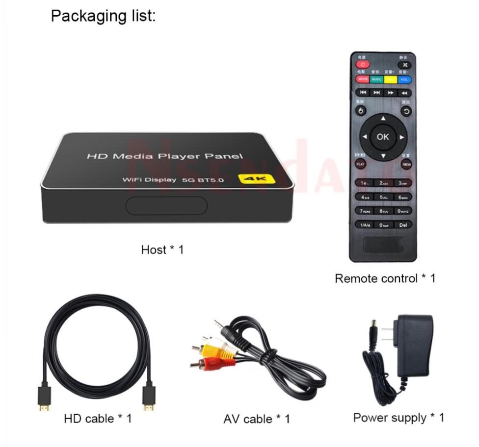 Compact splicing screen, new and old TV, car 4K H.265 Media Player with HDMI, AV, SPDIF, LAN, USB, and BT5.0 for automatic playback and digital signage. | Packaging list: HD Media Playor Pono\ WIFI Display SO BTB.O Host * 1 Remote control * 1