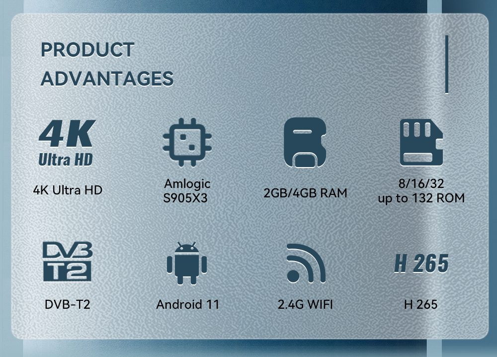 Android DTV Set Top Box VenBOX M8T with DVB-T2 FTA Channels, OTT, 4K, Dual Wifi | PRODUCT ADVANTAGES 4K Ultra HD Amlogic S905X3 DVB-T2 Android 11 8/16/32 up to 132 ROM 2GB/4GB RAM 2.4G WIFI H265