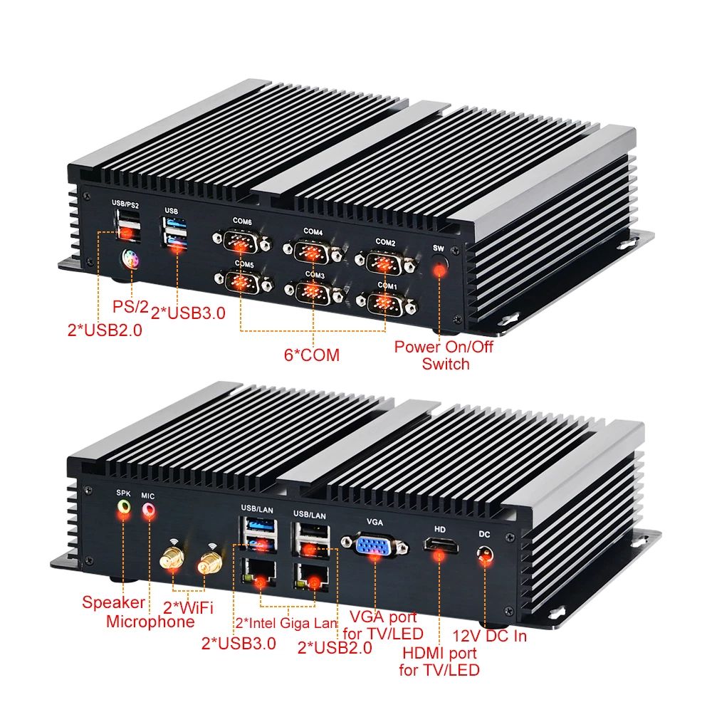 Connectivity of a powerful industrial Mini PC / HTPC / rugged computer with Intel Core I7-8550U processor, 1xDDR4, 6xCOM RS232, 8xUSB ports, VGA, HDMI, 4G SIM slot, Dual WiFi for Windows 10 Pro or Linux Desktop Cultiping