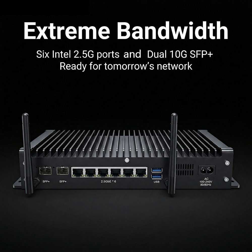 VenBOX SFP1-1215U Bezwentylatorowy aparat sieciowy | Ekstremalna przepustowość. Sześć portów Intel 2.5G i Dual 10G SFP+. Gotowy na sieć przyszłości.
