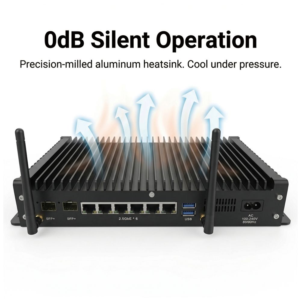 VenBOX SFP1-1215U Bezwentylatorowy aparat sieciowy | 0dB cicha praca. Precyzyjnie frezowany radiator aluminiowy. Chłodny pod presją.
