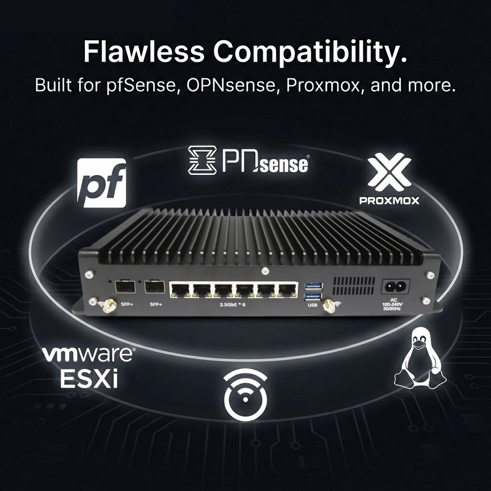 VenBOX SFP1-1215U Bezwentylatorowy aparat sieciowy | Doskonała kompatybilność. Zbudowany dla pfSense, OPNsense, Proxmox, Linux, Windows, VMware ESXi i innych.