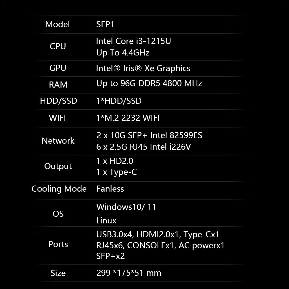 VenBOX SFP1-1215U Bezwentylatorowy aparat sieciowy | Model: SFP1. CPU: Intel Core i3-1215U do 4.4GHz. GPU: Intel Iris Xe Graphics. RAM: do 96GB DDR5 4800MHz. HDD/SSD: 1x HDD/SSD. Wi-Fi: 1x M.2 2232. Sieć: 2x 10G SFP+ Intel 82599ES, 6x 2.5G RJ45 Intel i226V. Wyjście: 1x HDMI 2.0, 1x Type-C. Chłodzenie: bezwentylatorowe. OS: Windows 10/11, Linux. Porty: USB3.0x4, HDMI2.0x1, Type-Cx1, RJ45x6, CONSOLEx1, AC zasilaniex1, SFP+x2. Rozmiar: 299x175x51mm.