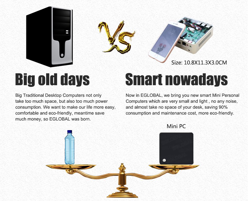 Big old days Smart nowadays Big Traditional Desktop Computers not only Now in EGLOBAL, we bring you new smart Mini Personal take too much space, but also too much power Computers which are very smali and light, no any noise, consumption. We want to make our life morę easy, and almost take no space of your desk, saving 90% comfortable and eco-friendly, meantime save consumption and maintenance cost, morę eco-friendly. much money, so EGLOBAL was bom. Mini PC