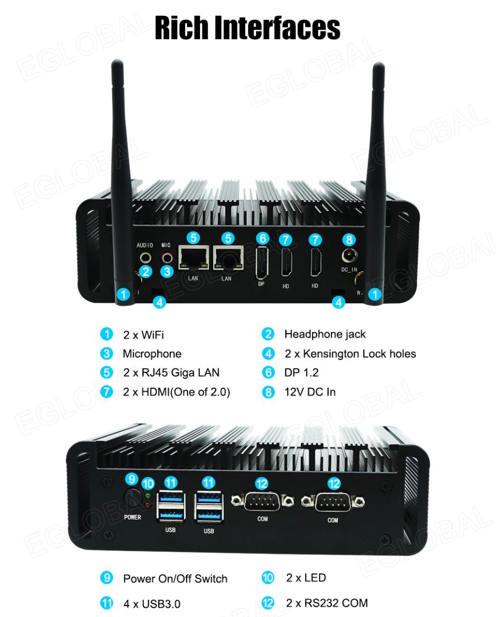 Rich Interfaces 0 2 x WiFi © Microphone © 2 x RJ45 Giga LAN O 2 x HDMI(One of 2.0) Headphone jack 2 x Kensington Lock holes DP 1.2 12V DC In Power On/Off Switch 2 x LED © 4 x USB3.0 2 x RS232 COM