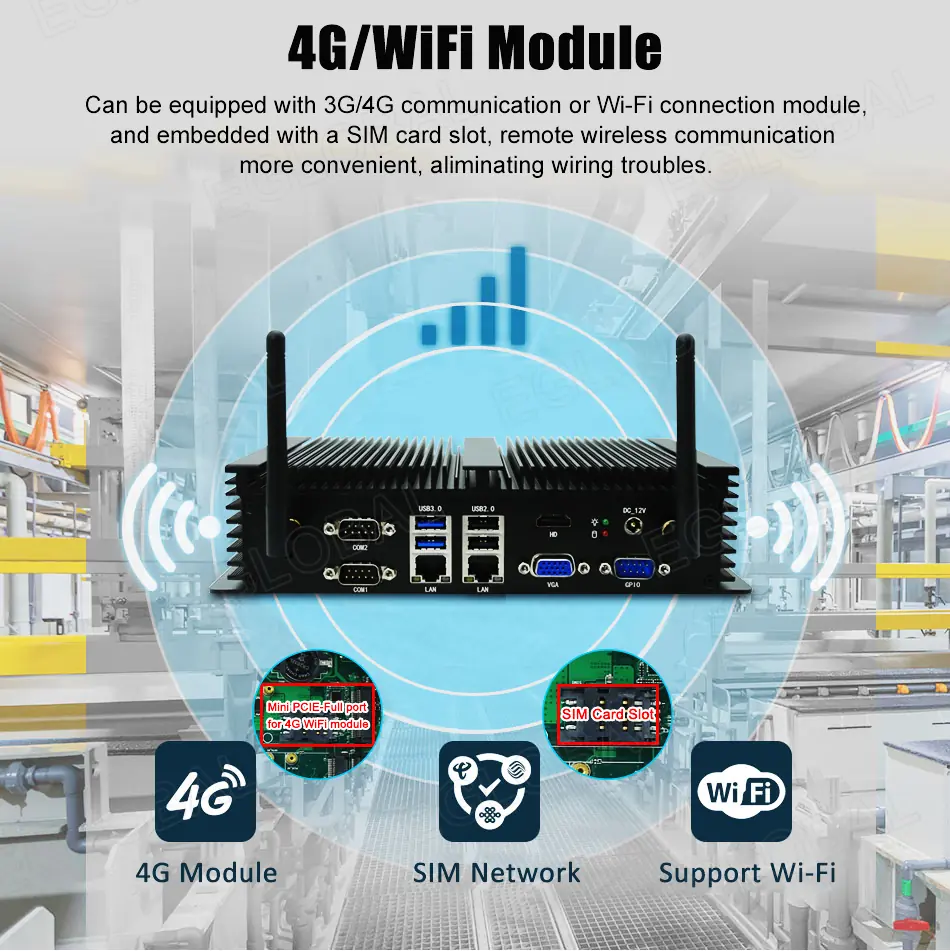 4G/WIFI Module Can be equipped with 3G/4G communication or Wi-Fi connection module and embedded with a SIM card slot, remote wireless communication more convenient, aliminating wiring troubles. 4G Module SIM Network Support Wi-Fi