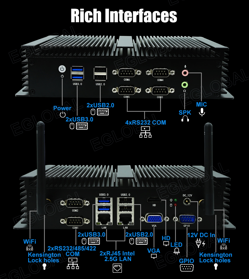 2xUSB3.0 2xUSB2.0 4xRS232 12V DC In WiFi CS WiFi 2xRS232/485/422 VGA Kensington COM 2xRJ45 Intel Kensington Lock holes 2.5G LAN GPIO