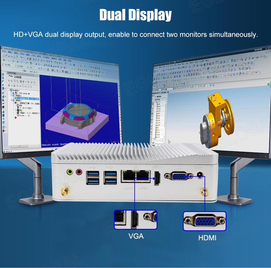 Dual Display HD+VGA dual display output, enable to connect two monitors simultaneously. VGA HDMI