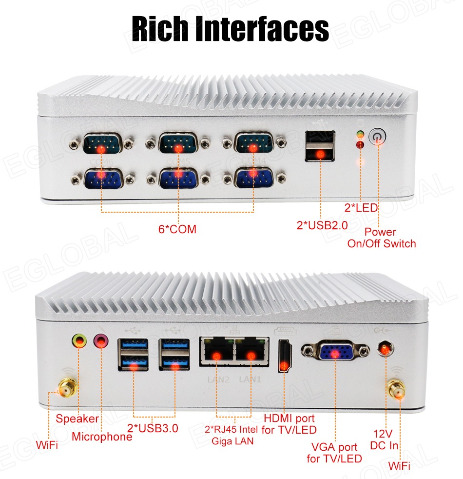 Rich Interfaces 2*USB2.0 2*1 FD 6*C0M On/Off Switch Speaker 2*USB3.0 HDMI port WiFi Microphone 2*RJ45 Intel for TV/LED Giga LAN VGA port for TV/LED 12V DC In WiFi