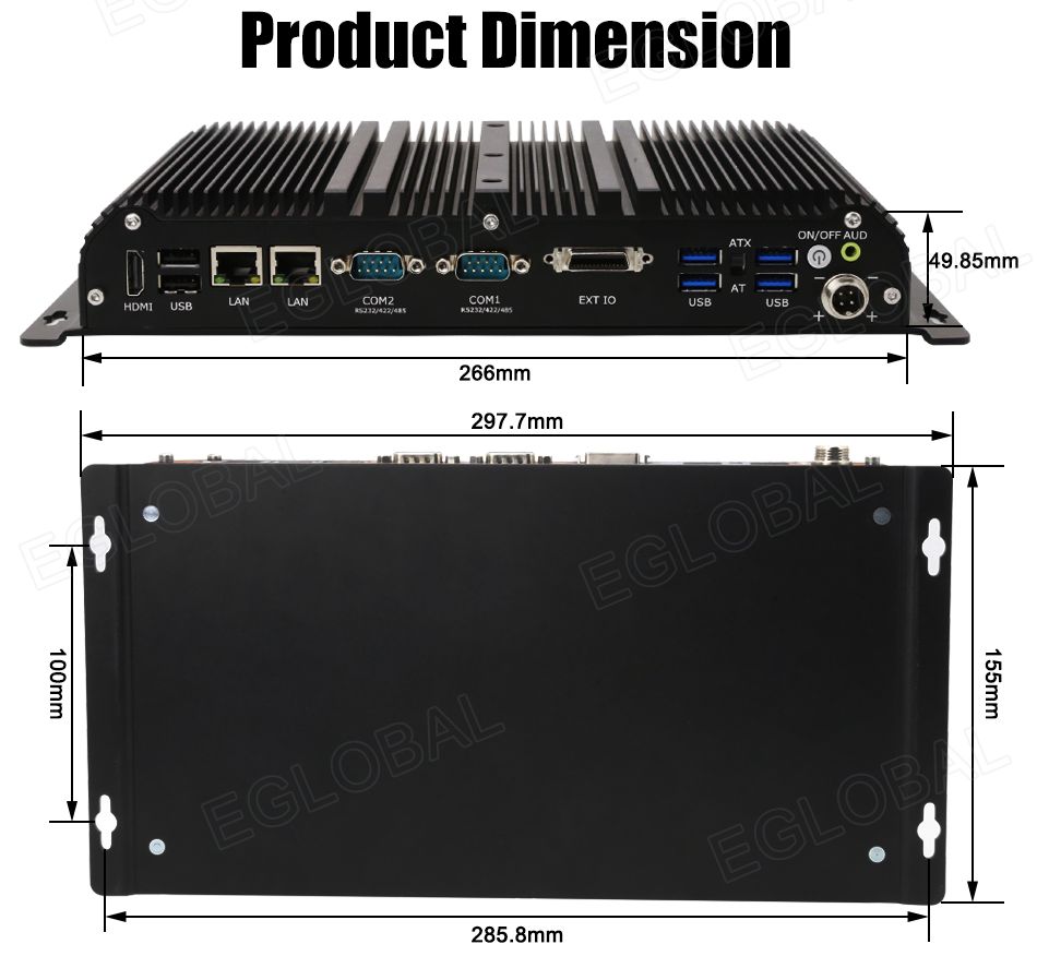 VenBOX G14 Robust Industrial PC | Product Dimension | 297.7mm*155mm 285.8mm*100mm 266mm*49.85mm