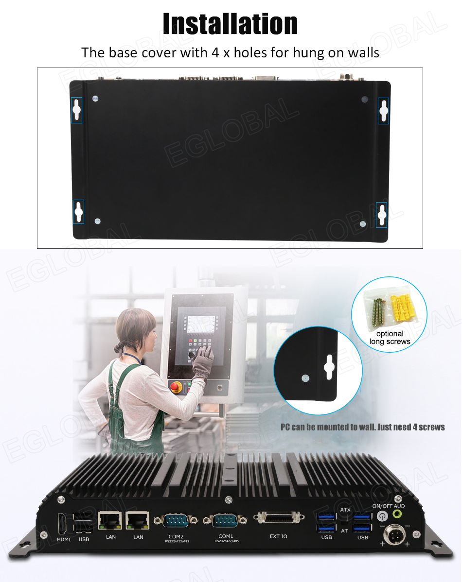 VenBOX G14 Robust Industrial PC | Installation | The base cover with 4 x holes for hung on walls optional lonq screws PC can be mounted to wall. Just need 4 screws