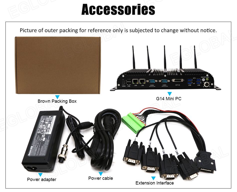 VenBOX G14 Robust Industrial PC | Accessories | Picture of outer packing for reference only is subjected to change without notice. Brown Packing Box G14 Mini PC Power adapter Power cable Extension Interface