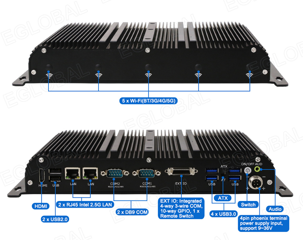 VenBOX G14 Robust Industrial PC | Connections | 5 x Wi-Fi (BT/3G/4G/5G) hdmi 2 x RJ45 Intel 2.5G LAN 2xDB9 COM EXT IO: Integrated 4-way 3-wire COM, 10-way GPIO, 1 x remote switch Audio 4pin phoenix terminal power supply input, support 9-36V