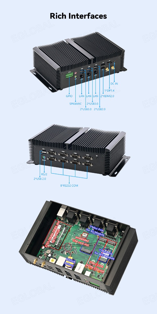 Rich Interfaces GPIO LAN LAN DC IN 1*DP1.4 2*HDMI2.0 SPK&MIC 2*USB3.0 2*USB3.0 2*USB2.0 RS/2 2*USB 2.0 8*RS232 COM