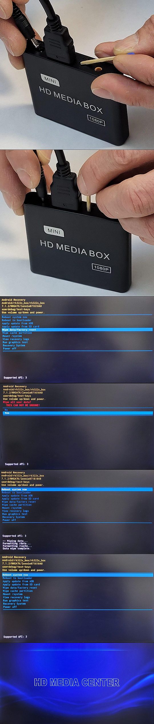 VenBOX Android media player reset using pinhole button to enter recovery mode