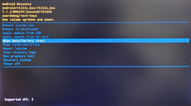 Android recovery mode screen with Wipe data/factory reset highlighted