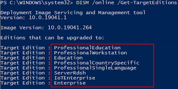 DISM Get-TargetEditions output showing supported edition upgrades