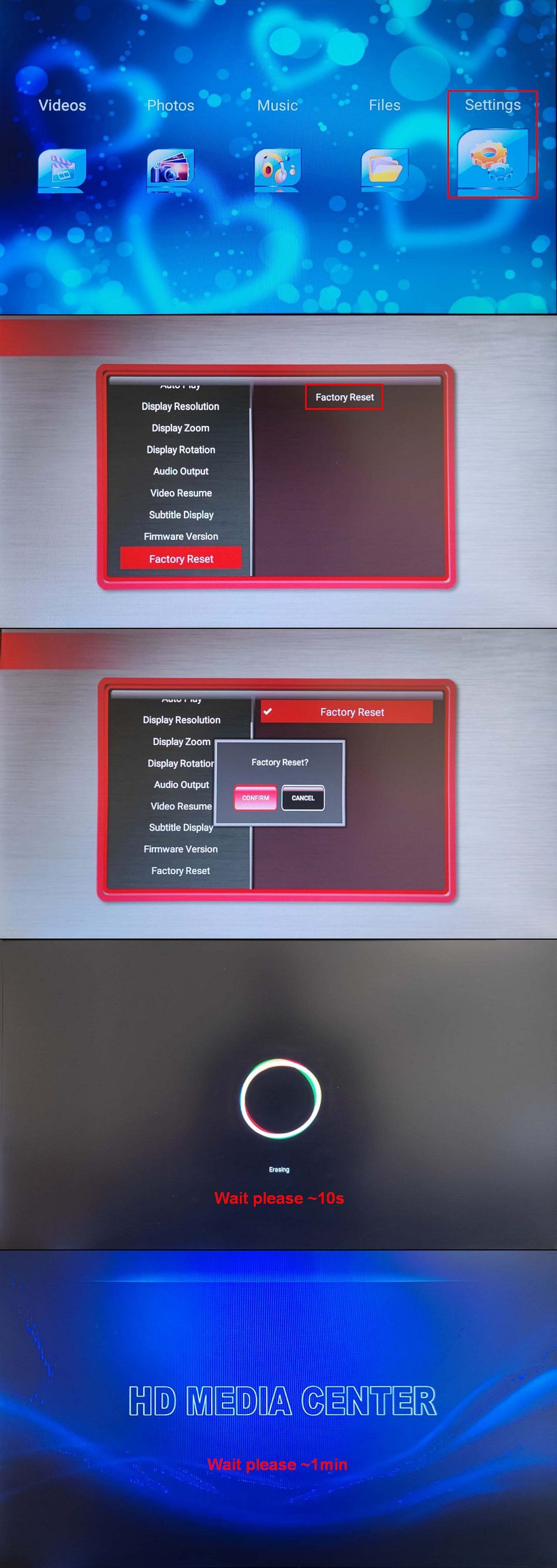 VenBOX media player factory reset via Settings menu (Settings > System > Reset)