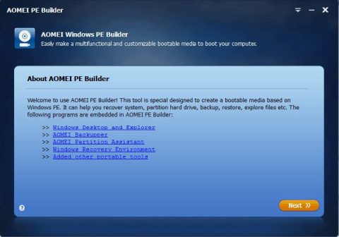 AOMEI PE Builder interface for creating bootable USB for Windows password reset