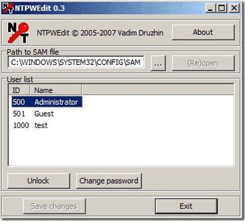 NTPWEdit tool interface for resetting forgotten Windows password