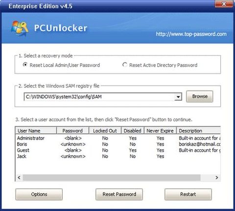 Reset Windows Password tool from top-password.com screenshot