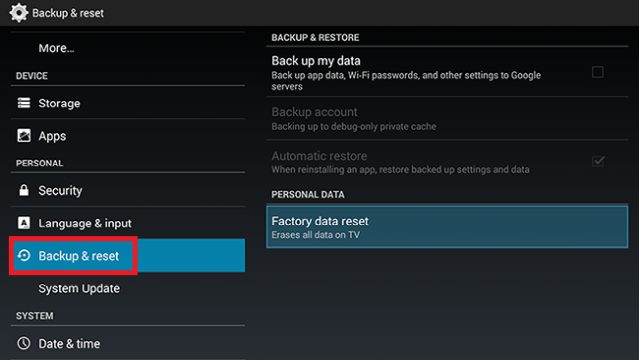 Factory reset menu on Android TV box (Settings > System > Reset)
