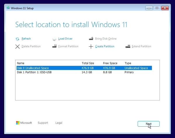 Windows 11 disk partition selection screen